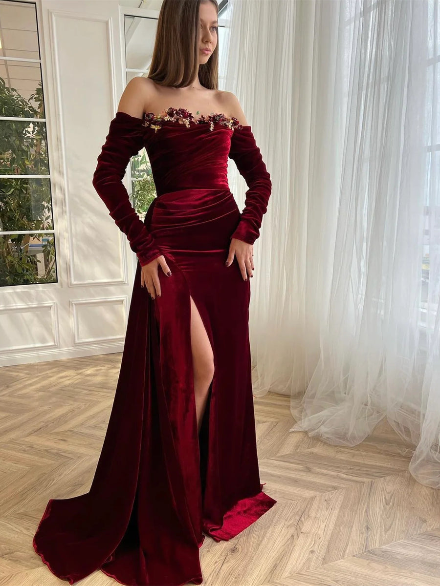 Off the Shoulder Burgundy Velvet Prom Dresses, Fitted High Slit Prom D   Berryera