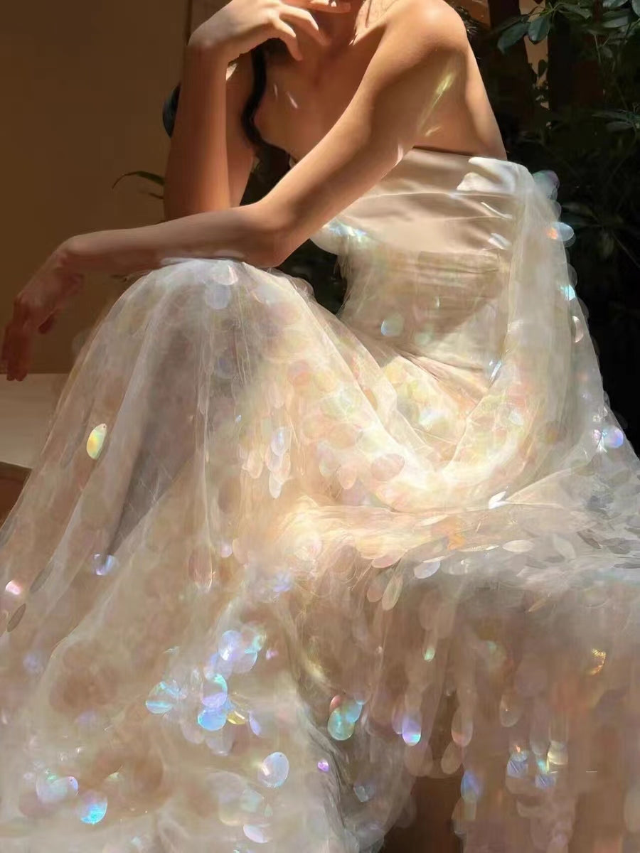 Shiny Mermaid Silver Strapless Sequin Without Sleeves Long Prom Dress, Evening Dress C6531