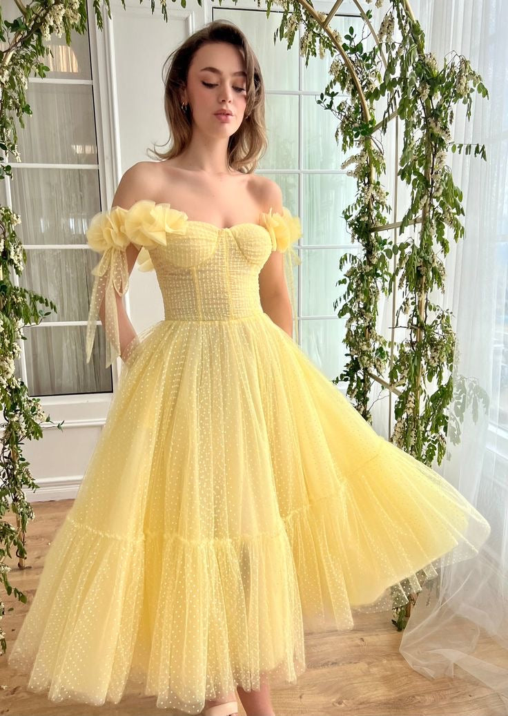 Off Shoulder Popular Party Dresses, Light Yellow Color Newest Long Pro – Berryera