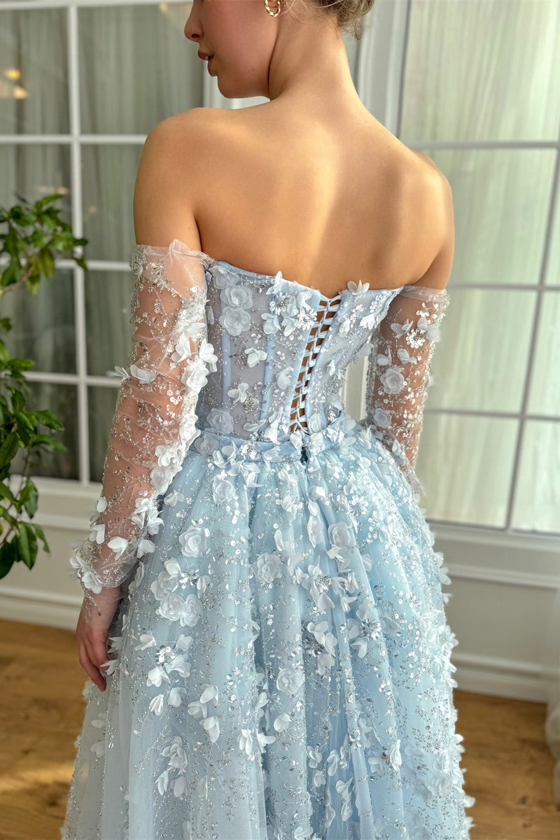 Luxury Pale Blue Floral Beaded Prom Dresses, 2 Pieces Long Prom Dresse