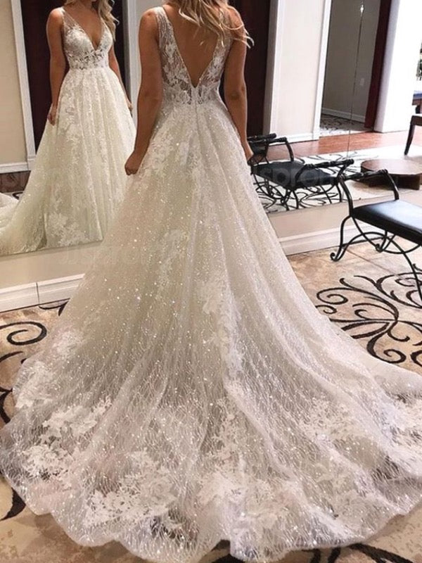 Elegant V-Neck Lace A-Line Wedding Dress