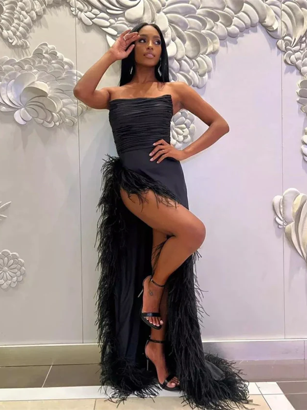 Elegant Sheath Strapless Black Prom Dresses Birthday Outfits Evening Gown