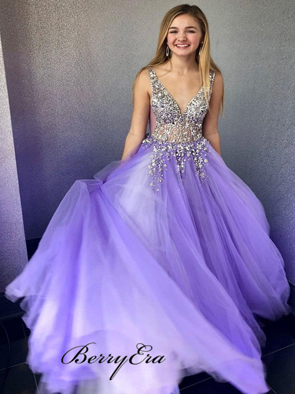 Charming Light Purple Prom Dresses, Tulle A-line Fancy Long Prom Dress – Berryera