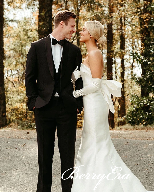 Strapless Long Mermaid Ivory Satin Wedding Gown With Gloves, Simple El –  Berryera