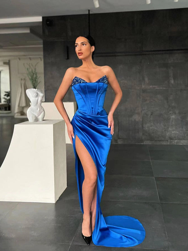 Sexy Evening Dress With Beaded Unique Long Prom Dress High Slit Y569