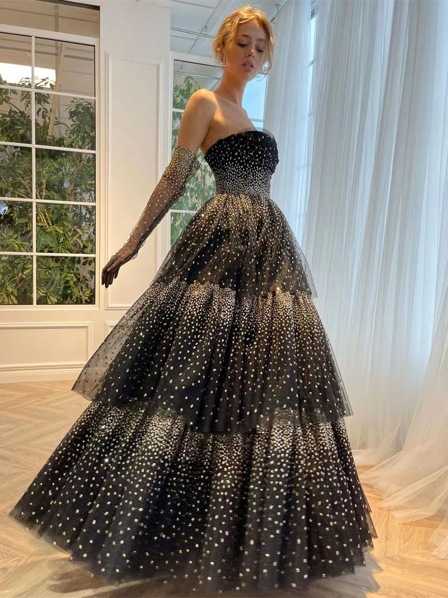 Strapless A-line Ruffled Black Tulle Prom Dresses, Glittery Tulle Prom