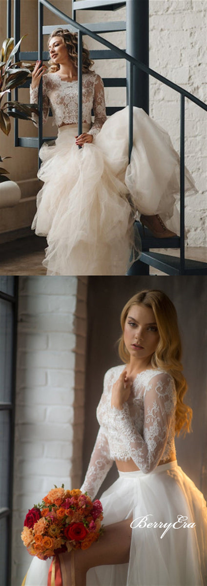 2 Pieces Lace Top A line Tulle Skirt Long Wedding Dresses Bridal Gown Berryera