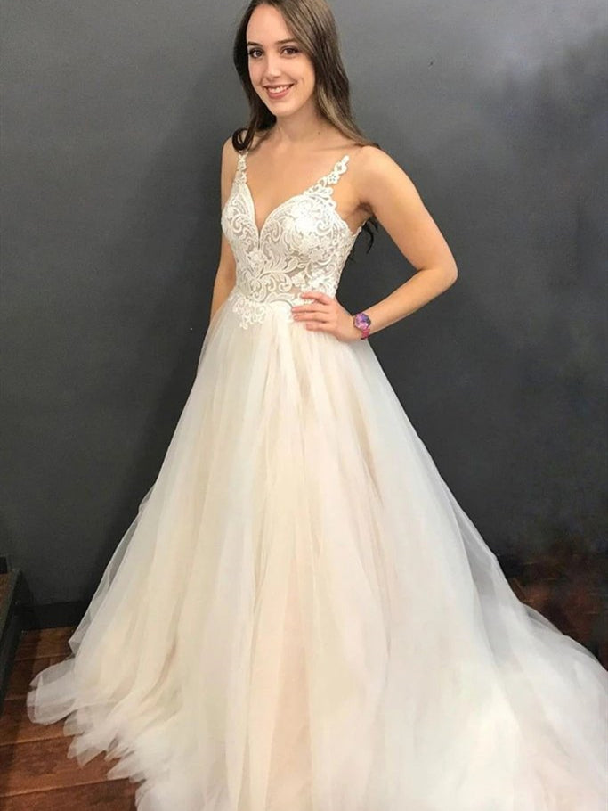Elegant Wedding Dresses  V-Neck Sleeveless Backless Lace A-Line Long Bridal Gown