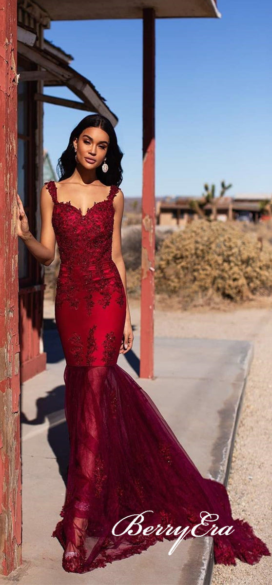 Straps Burgundy Long Prom Dresses. Mermaid Lace Tulle Prom Dresses, Po