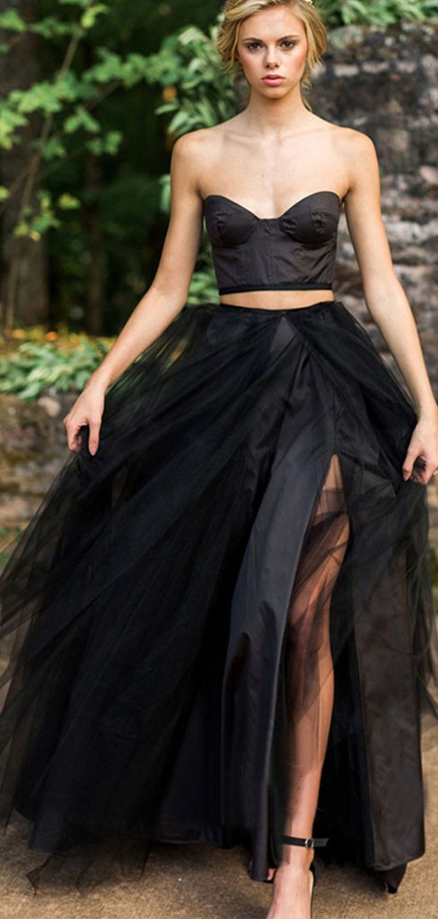 2 Pieces Black Tulle Sweetheart Long Prom Dresses