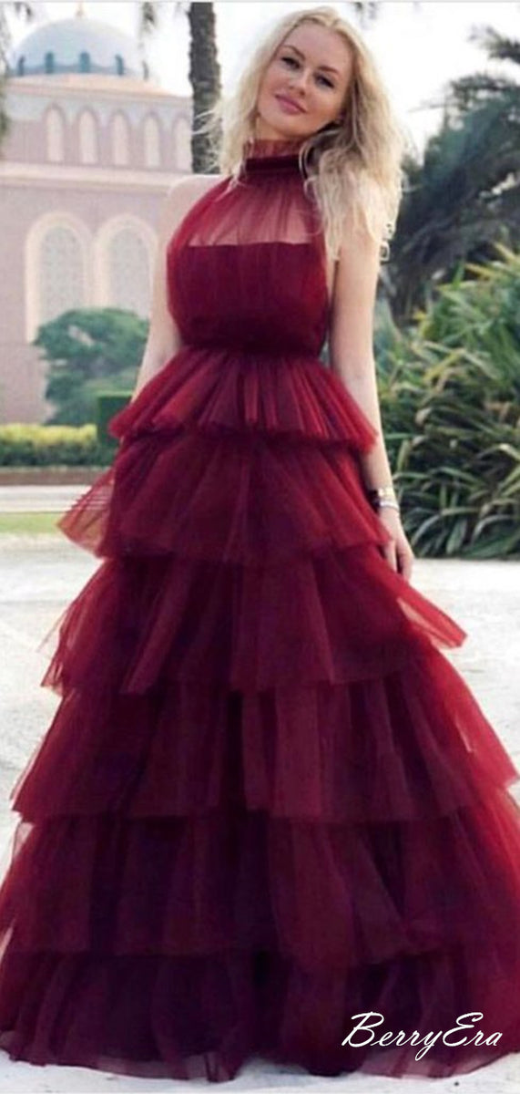 Burgundy Fluffy Halter Cake Dresses Prom Dresses, Cute Prom Dresses Burgundy Fluffy Halter Cake Dresses Prom Dresses, Cute Prom Dresses
