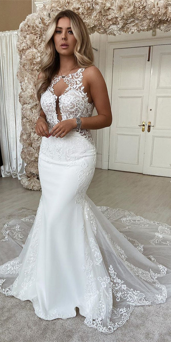 Sleeveless Lace Jersey Wedding Dresses, Long Bridal Gown, Popular 2020