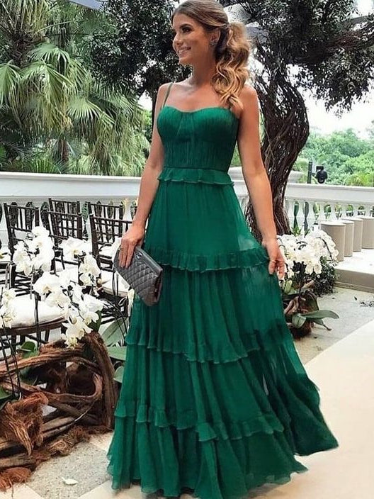 Beautiful A Line Spaghetti Straps Green Chiffon Prom Dress With Ruffles main image 1