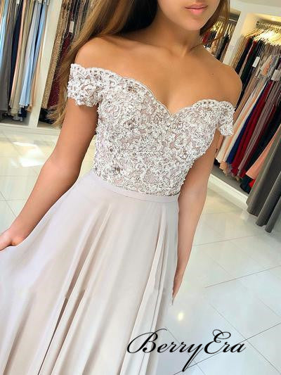 Off Shoulder Grey Lace Beaded Prom Dresses, Long Prom Dresses  Berryera