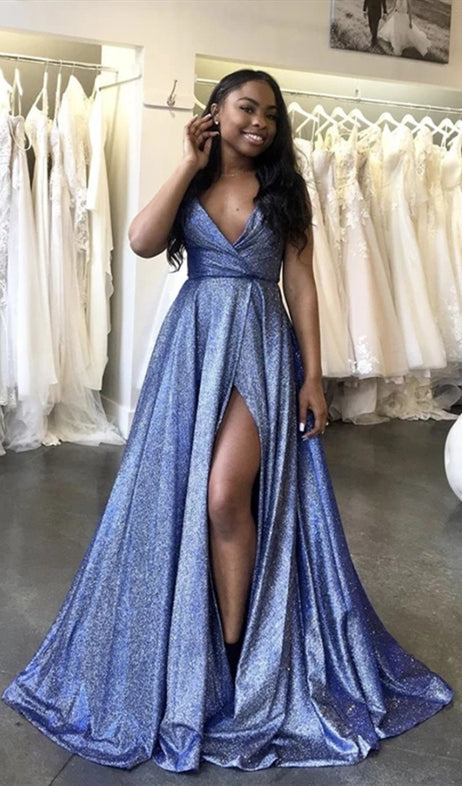 Deep V-neck Long A-line Shiny Satin Prom Dresses, Side Slit Prom Dress – Berryera