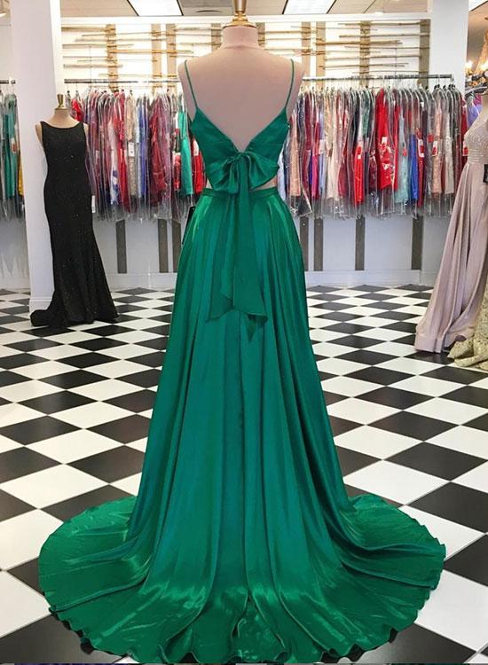 2 Pieces Green Satin Prom Dresses, Simple Lovely Dresses With Bow