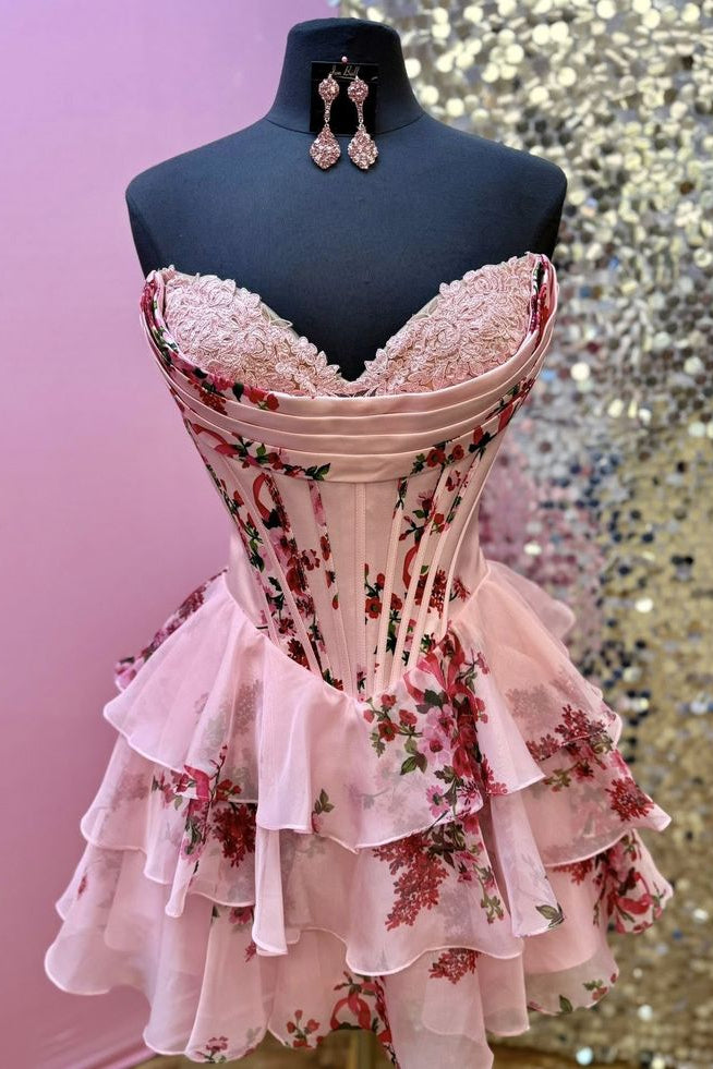 Pink Floral Short Prom Dresses WIth Bones, Lovely Mini Dresses, Homecoming Dresses
