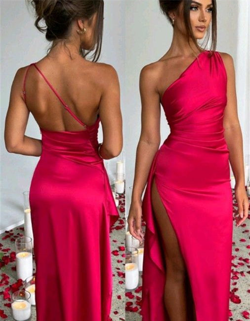 One Shoulder High Slit Prom Dresses, Long Bridesmaid Dresses, Newest Prom Dresses, Chic Evening Gown