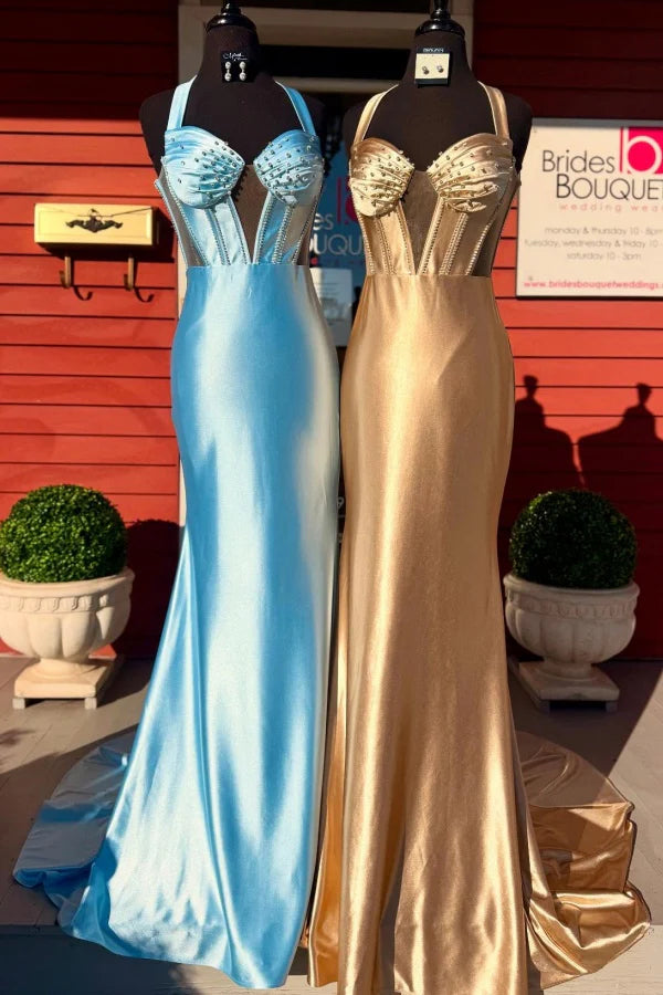 Halter Long Mermaid Soft Satin Prom Dresses With Beaded Detail, 2025 Prom Dresses