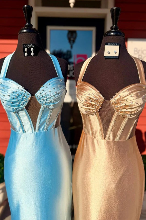 Halter Long Mermaid Soft Satin Prom Dresses With Beaded Detail, 2025 Prom Dresses