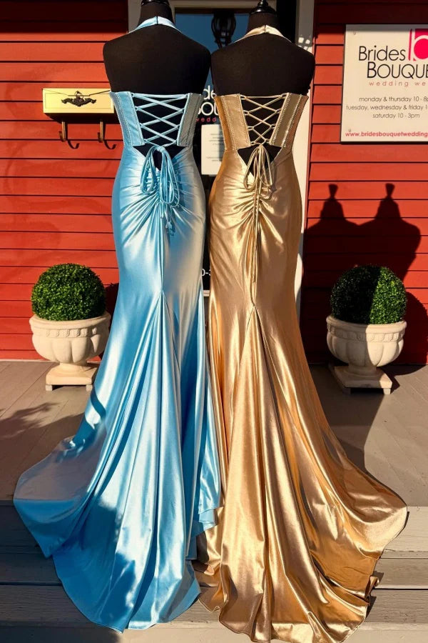 Halter Long Mermaid Soft Satin Prom Dresses With Beaded Detail, 2025 Prom Dresses