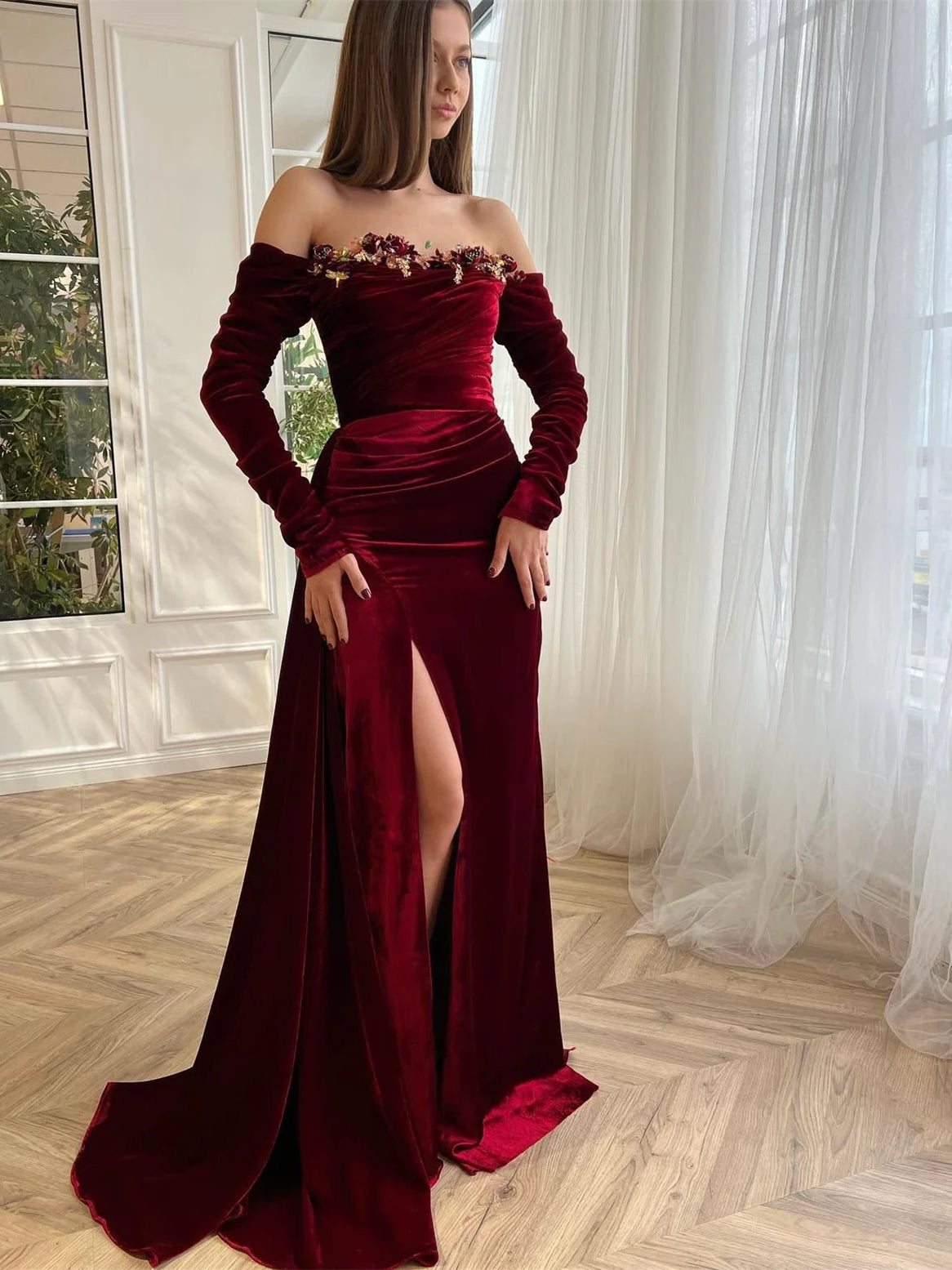 Off the Shoulder Burgundy Velvet Prom Dresses, Fitted High Slit
