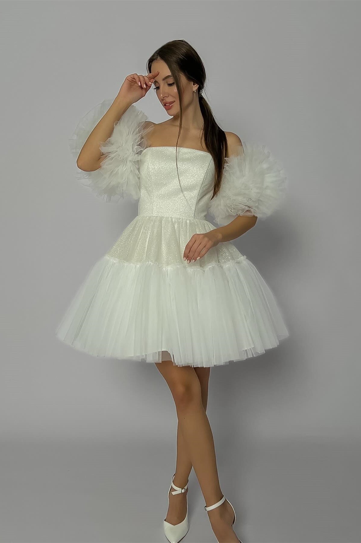 Strapless Shiny Mini Wedding Dresses With Puffy Sleeves, Cute Homecomi ...