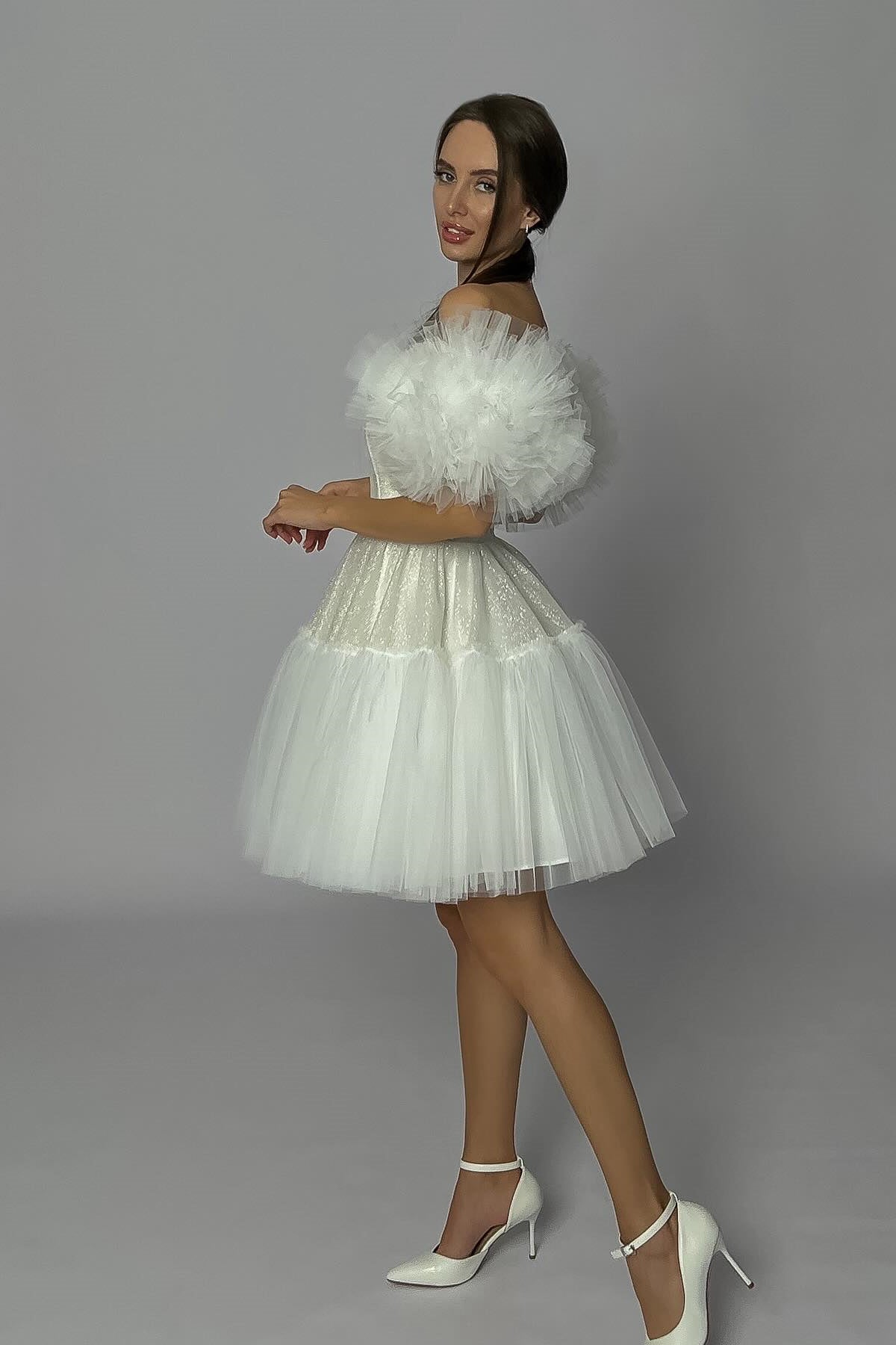 Strapless Shiny Mini Wedding Dresses With Puffy Sleeves, Cute Homecomi