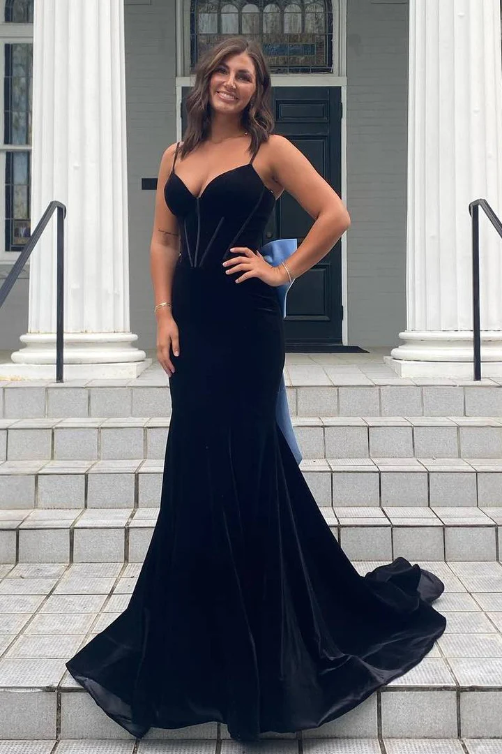 Mermaid V-neck Newest Long Prom Dresses, Straps Scoop Bridesmaid Dresses, Velvet Girl Party Dresses