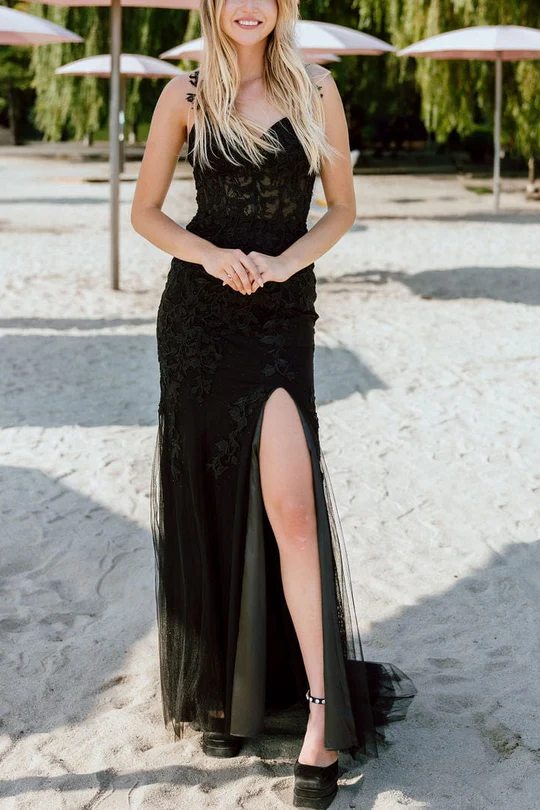 Black Mermaid Straps Newest Long Prom Dresses, Mermaid Evening Party Dresses, Slit Appliques Lace Bridesmaid Dresses