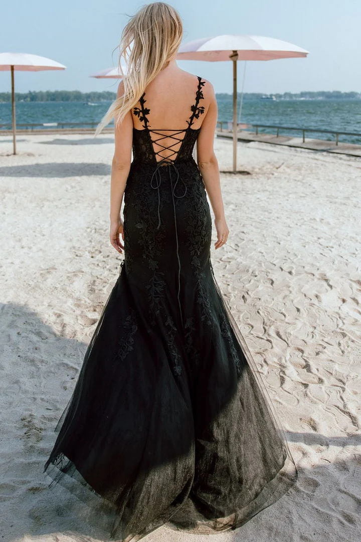 Black Mermaid Straps Newest Long Prom Dresses, Mermaid Evening Party Dresses, Slit Appliques Lace Bridesmaid Dresses