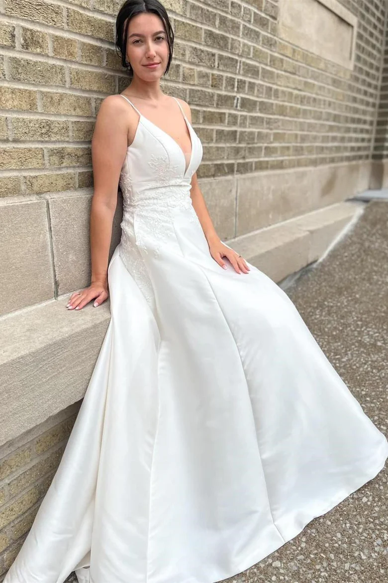 Simple V-neck Long Wedding Dresses, Popular A-line Lace Bridal Gowns