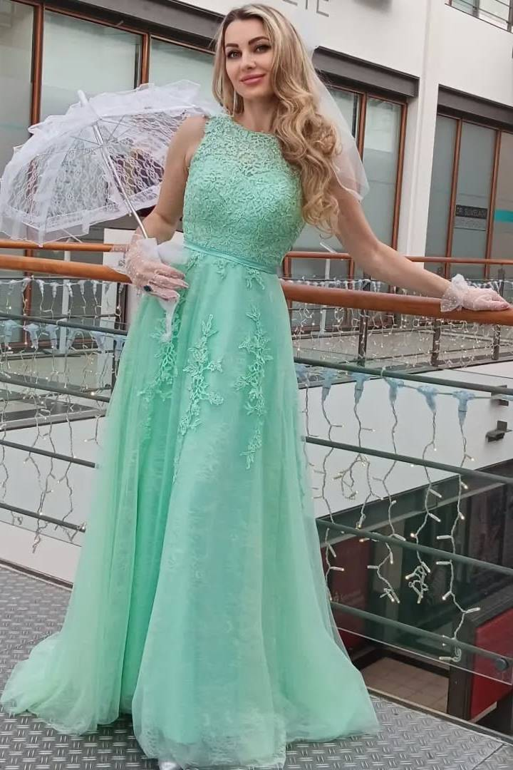 Mint A-line Wedding Guest Dresses, Sleeveless Lace Bridesmaid Dresses, Elegant Newest Long Prom Dresses