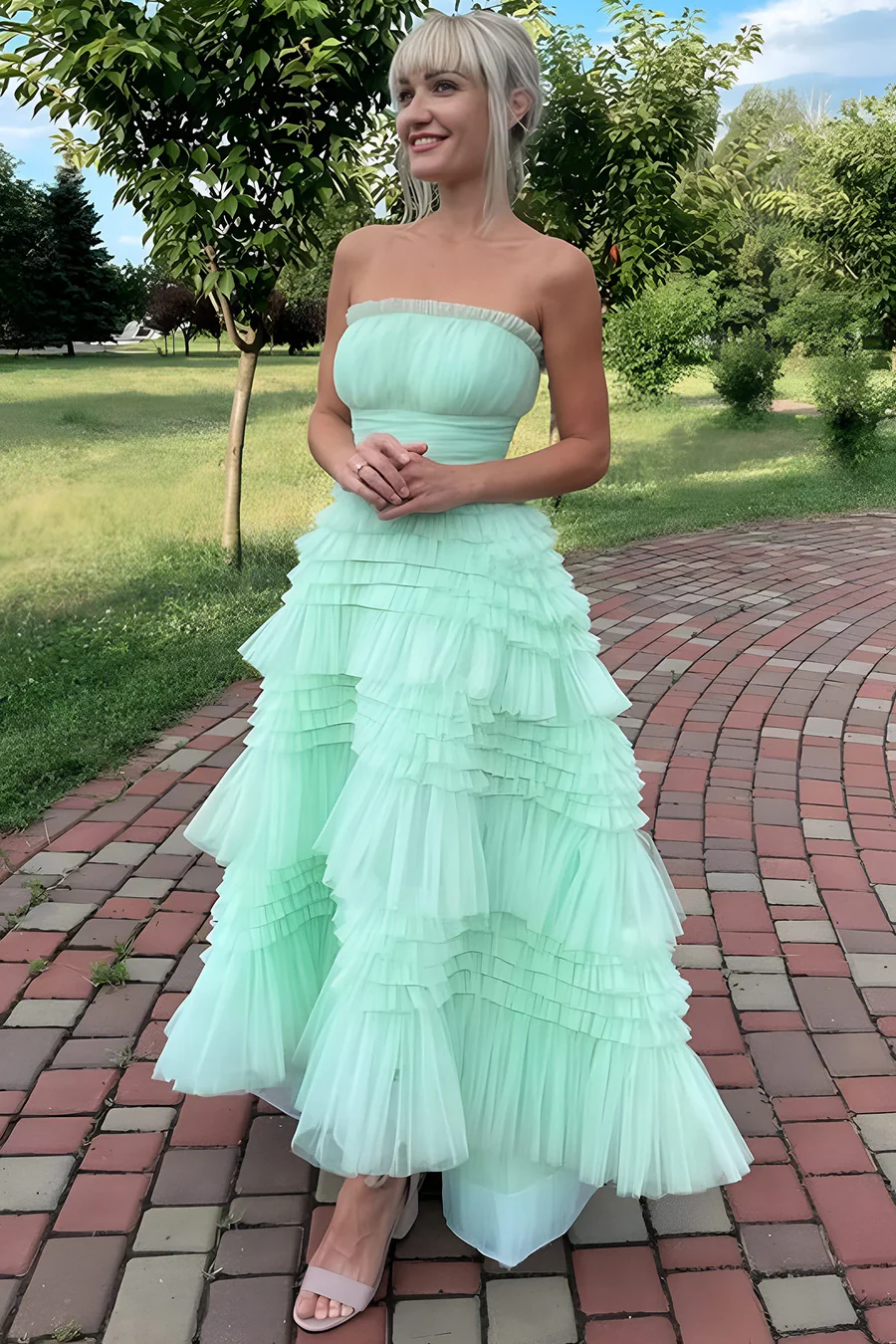 Tulle A-line Girl Graduation Party Dresses, Puffy Scoop Newest Long Prom Dresses, Strapless Wedding Guest Dresses