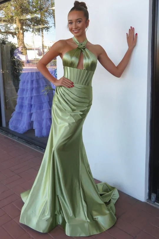 Halter Pleated Satin Prom Dresses, Mermaid Newest Long Prom Dresses, Sleeveless Formal Prom Dresses