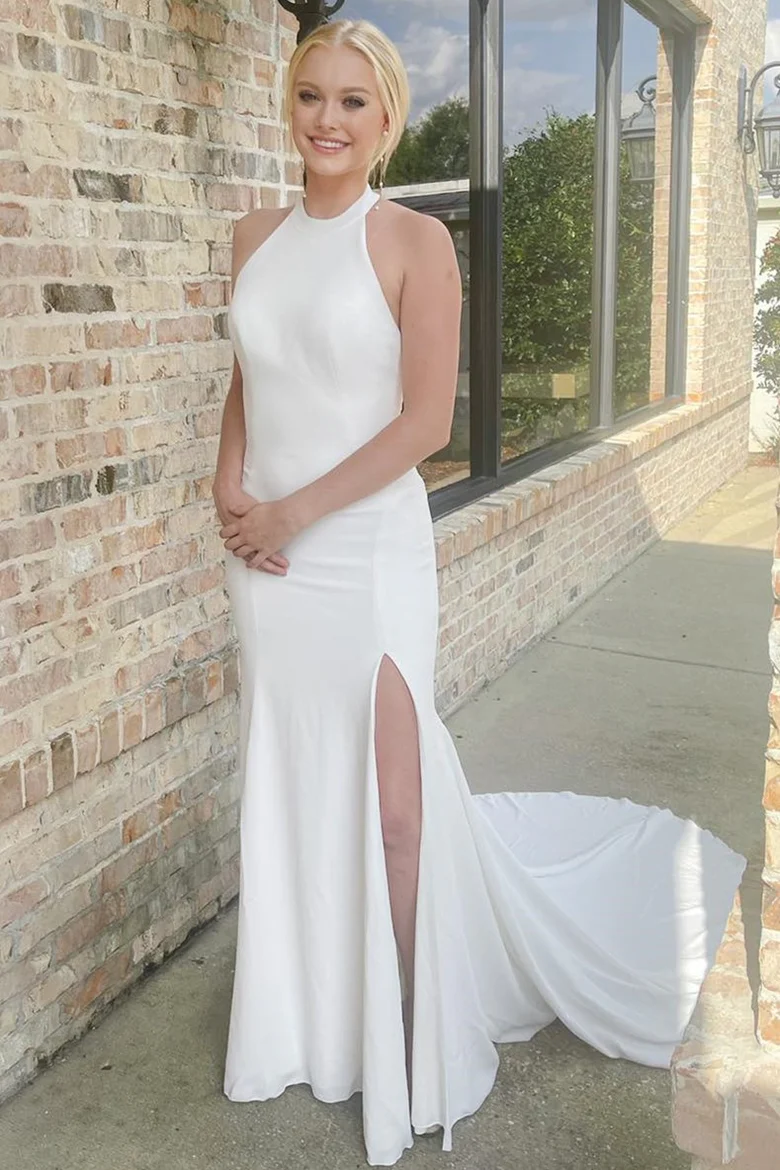 Halter Simple Wedding Dresses, Mermaid Popular Bridal Gowns, Outdoor Wedding Gowns