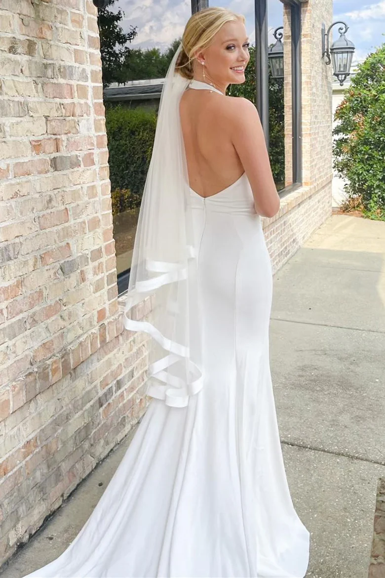 Halter Simple Wedding Dresses, Mermaid Popular Bridal Gowns, Outdoor Wedding Gowns