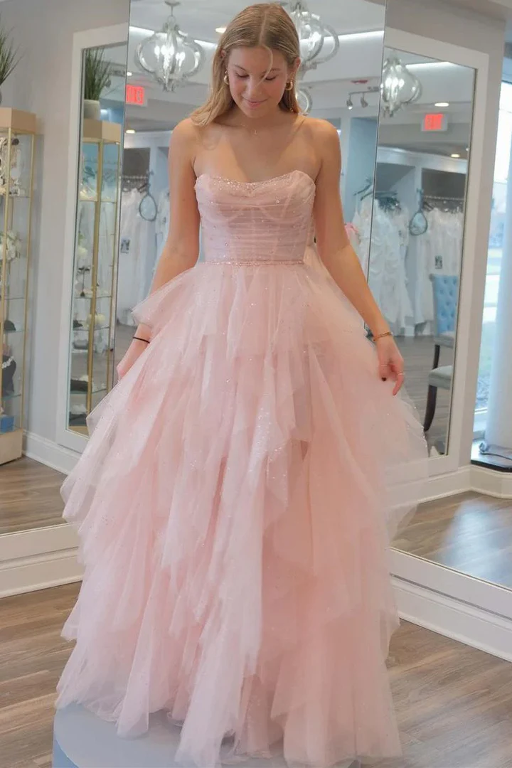 A-line Ruffles Prom Dresses, 2025 Strapless Newest Long Prom Dresses, Pink Evening Party Dresses