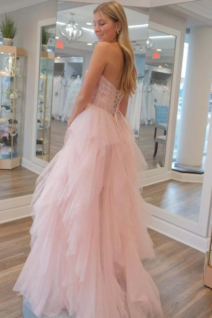 A-line Ruffles Prom Dresses, 2025 Strapless Newest Long Prom Dresses, Pink Evening Party Dresses