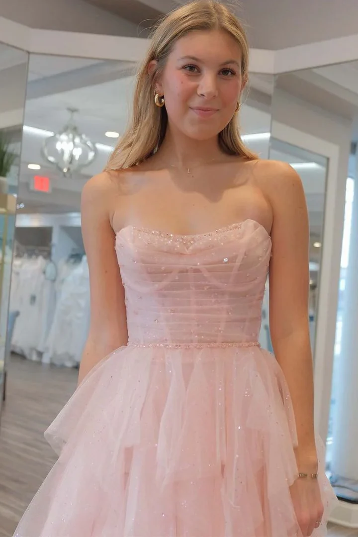 A-line Ruffles Prom Dresses, 2025 Strapless Newest Long Prom Dresses, Pink Evening Party Dresses