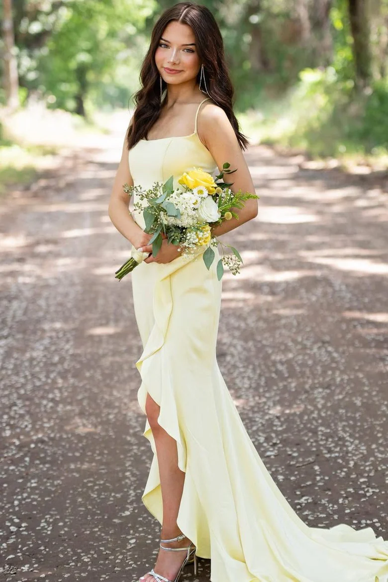 2025 Spaghetti Straps Bridesmaid Dresses, Simple Yellow Newest Long Prom Dresses, Formal Dresses