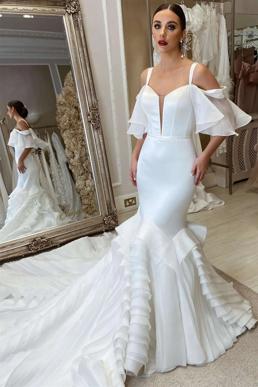 Off Shoulder Ruffles Wedding Dresses, Popular Mermaid Bridal Gowns, Elegant Satin Wedding Gowns