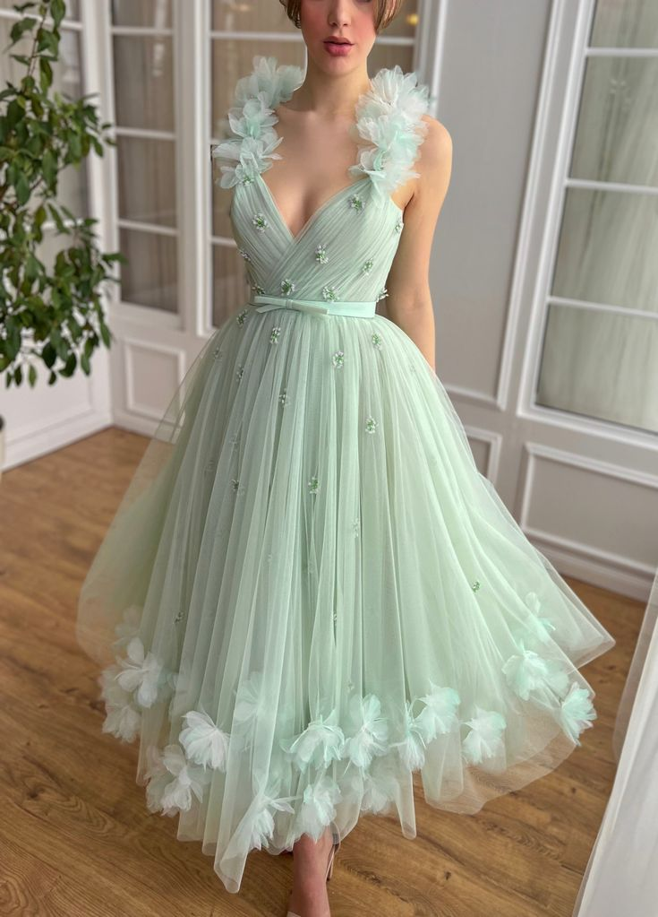 Minty Cool Blossom Dresses, A-line Fashion Newest Long Prom Dresses, 2025 Tulle Party Dresses