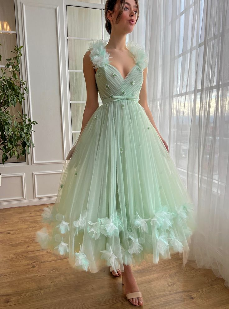 Minty Cool Blossom Dresses, A-line Fashion Newest Long Prom Dresses, 2025 Tulle Party Dresses