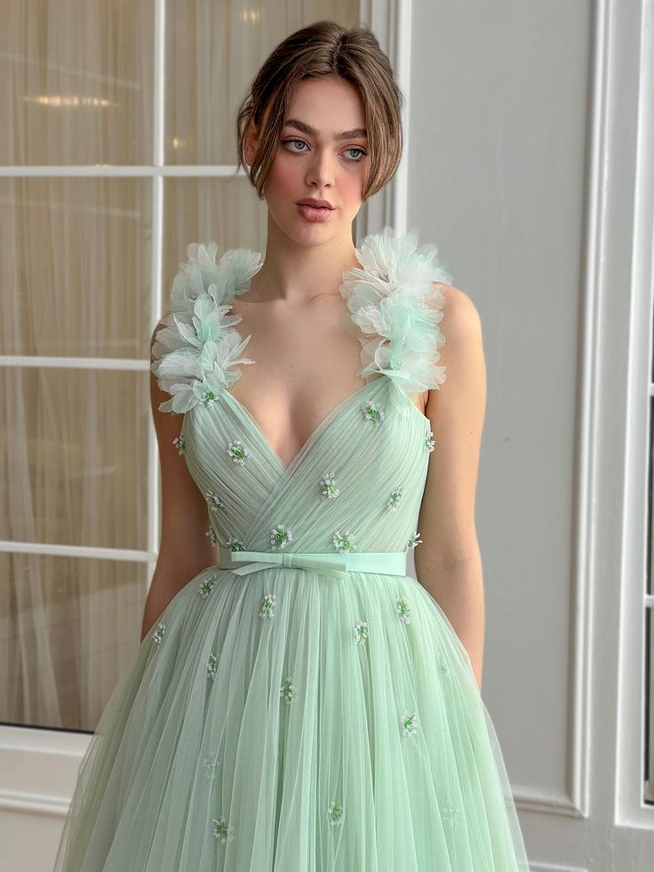 Minty Cool Blossom Dresses, A-line Fashion Newest Long Prom Dresses, 2025 Tulle Party Dresses