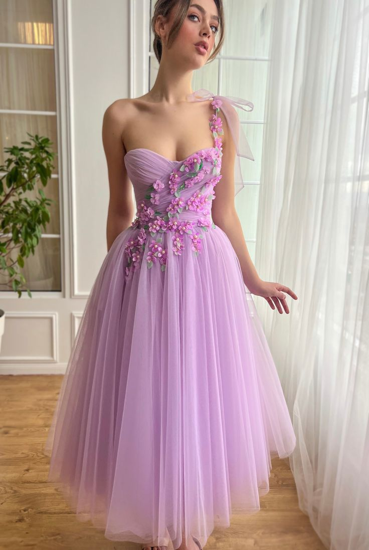 One Shoulder Purple Petals Dresses, A-line Tea Length Wedding Guest Dresses, Appliques Newest Long Prom Dresses