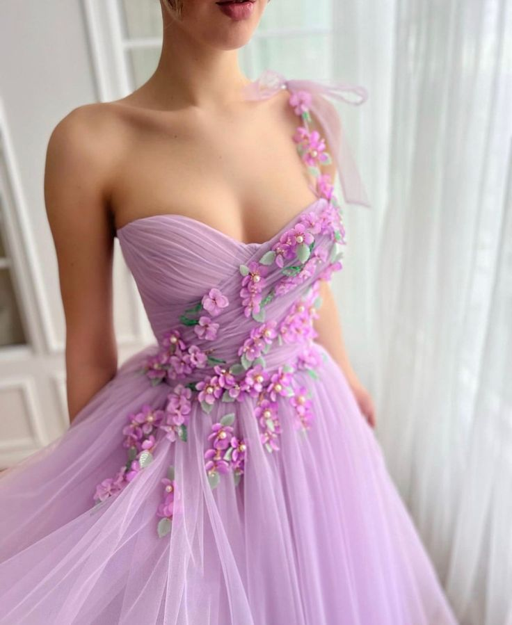 One Shoulder Purple Petals Dresses, A-line Tea Length Wedding Guest Dresses, Appliques Newest Long Prom Dresses