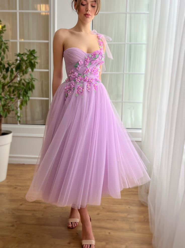 One Shoulder Purple Petals Dresses, A-line Tea Length Wedding Guest Dresses, Appliques Newest Long Prom Dresses