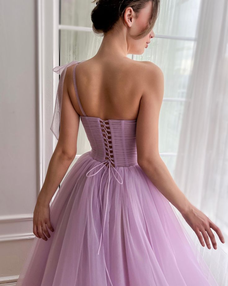 One Shoulder Purple Petals Dresses, A-line Tea Length Wedding Guest Dresses, Appliques Newest Long Prom Dresses