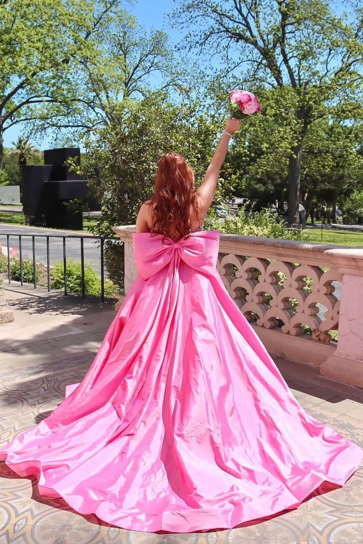 Beaded Pink Satin Long Prom Dresses, A-line Newest 2025 Long Prom Dresses, Bow Girl Party Dresses